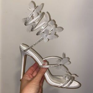 Azalea Wang White Butterfly Sparkly Ankle Wrap Heels